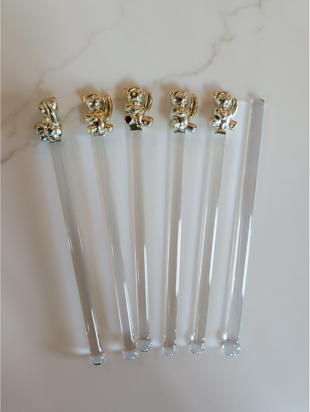 Vintage Culver Set Of 6 Gold Teddy Bear Glass Stir Sticks, Cocktail, Tea, 1980